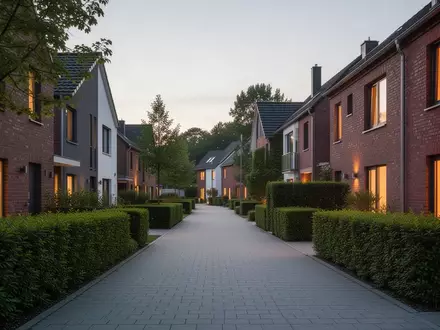 Eine ruhige Wohnstraße in einer deutschen Kleinstadt bei Dämmerung mit gepflegten Häusern und Gehwegen. - Foto: über boerse-global.de