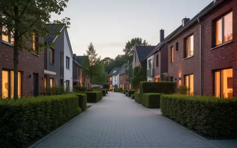 Eine ruhige Wohnstraße in einer deutschen Kleinstadt bei Dämmerung mit gepflegten Häusern und Gehwegen. - Foto: über boerse-global.de