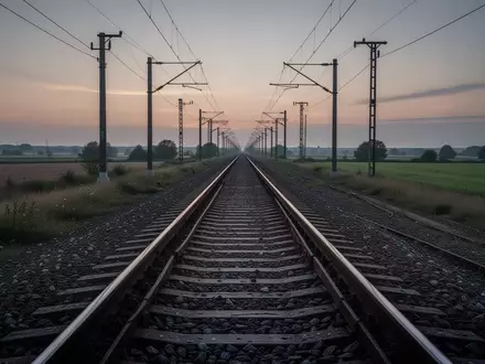 Leere Eisenbahngleise, die sich durch eine weitläufige Landschaft erstrecken, bei Dämmerung. - Foto: über boerse-global.de