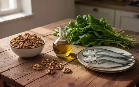 Eine Auswahl frischer, gesunder Lebensmittel wie Olivenöl, Nüsse, grünes Blattgemüse und Fisch auf einem Holztisch. - Foto: über boerse-global.de