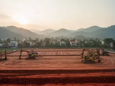 Eine weitläufige, geräumte Baustelle in einer vietnamesischen Region mit schweren Baumaschinen im Licht des frühen Morgens. - Foto: über boerse-global.de