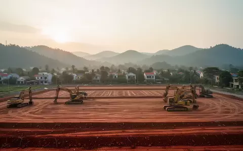 Eine weitläufige, geräumte Baustelle in einer vietnamesischen Region mit schweren Baumaschinen im Licht des frühen Morgens. - Foto: über boerse-global.de