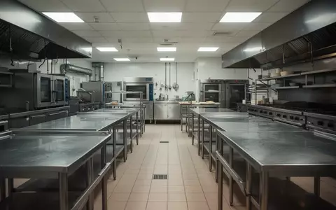 Leere Industrieküche mit Edelstahlflächen und professioneller Gastronomieausstattung in einer sterilen Umgebung. - Foto: über boerse-global.de
