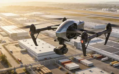 Eine moderne Drohne fliegt über ein industrielles Gelände bei Sonnenuntergang. - Foto: über boerse-global.de