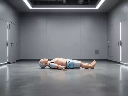 Ein moderner, minimalistischer Trainingsraum für medizinische Simulationen mit einer Übungspuppe auf dem Boden. - Foto: über boerse-global.de