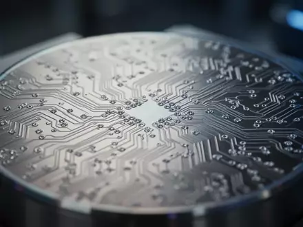 Nahaufnahme einer Silizium-Wafer-Oberfläche mit komplexen mikroskopischen Schaltkreisstrukturen in einer industriellen Umgebung. - Foto: über boerse-global.de