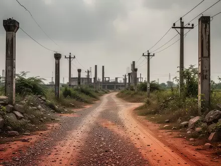 Eine staubige, ländliche Industrielandschaft in Indien mit unbefestigten Wegen und Strommasten unter einem bewölkten Himmel. - Foto: über boerse-global.de