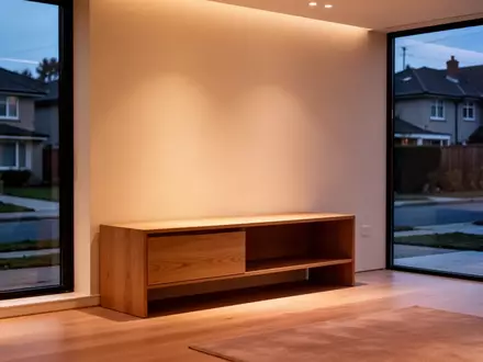 Ein minimalistisches, modern eingerichtetes Wohnzimmer in der Abenddämmerung mit einem leeren Holztisch und indirekter Beleuchtung. - Foto: über boerse-global.de