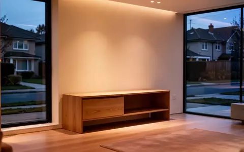Ein minimalistisches, modern eingerichtetes Wohnzimmer in der Abenddämmerung mit einem leeren Holztisch und indirekter Beleuchtung. - Foto: über boerse-global.de
