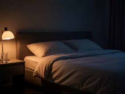 Ein nächtlich beleuchtetes Schlafzimmer mit einem leeren Bett und einem Glas Wasser auf dem Nachttisch. - Foto: über boerse-global.de