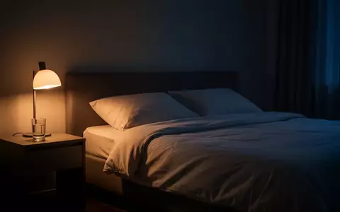 Ein nächtlich beleuchtetes Schlafzimmer mit einem leeren Bett und einem Glas Wasser auf dem Nachttisch. - Foto: über boerse-global.de