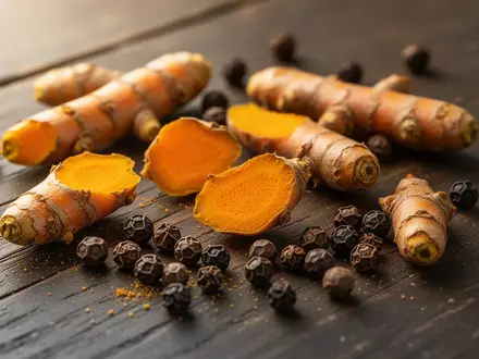 Frische Kurkuma-Wurzeln und schwarze Pfefferkörner auf einem dunklen Holztisch. - Foto: über boerse-global.de