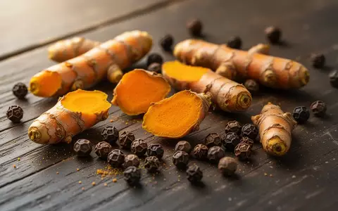 Frische Kurkuma-Wurzeln und schwarze Pfefferkörner auf einem dunklen Holztisch. - Foto: über boerse-global.de