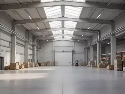 Eine moderne, minimalistische Lagerhalle mit Betonboden und hellem Tageslicht durch Oberlichter. - Foto: über boerse-global.de