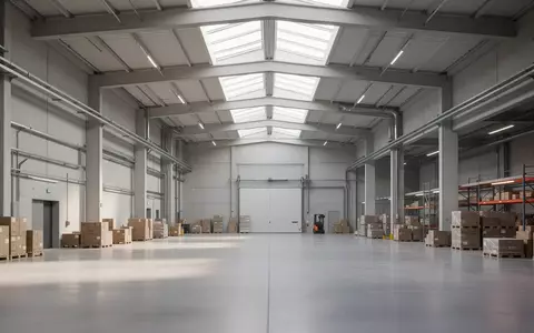 Eine moderne, minimalistische Lagerhalle mit Betonboden und hellem Tageslicht durch Oberlichter. - Foto: über boerse-global.de