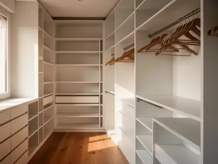 Ein minimalistischer, aufgeräumter begehbarer Kleiderschrank mit leeren Regalen und Holzboden in hellem Tageslicht. - Foto: über boerse-global.de
