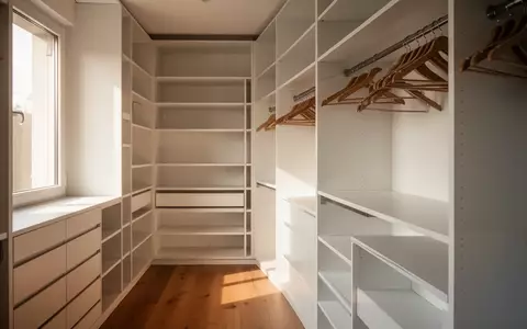 Ein minimalistischer, aufgeräumter begehbarer Kleiderschrank mit leeren Regalen und Holzboden in hellem Tageslicht. - Foto: über boerse-global.de