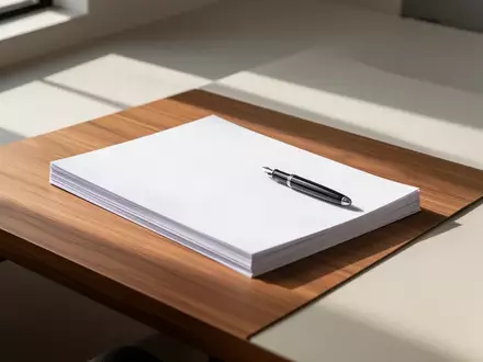 Ein minimalistischer, aufgeräumter Schreibtisch mit Papierstapel und Füllfederhalter in natürlichem Licht. - Foto: über boerse-global.de