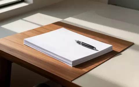 Ein minimalistischer, aufgeräumter Schreibtisch mit Papierstapel und Füllfederhalter in natürlichem Licht. - Foto: über boerse-global.de