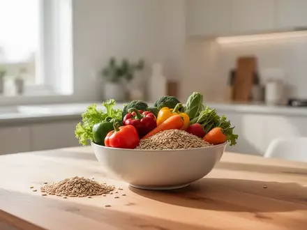 Eine Schüssel mit frischem Gemüse und Vollkornprodukten auf einem Holztisch in einer hellen, modernen Küche. - Foto: über boerse-global.de