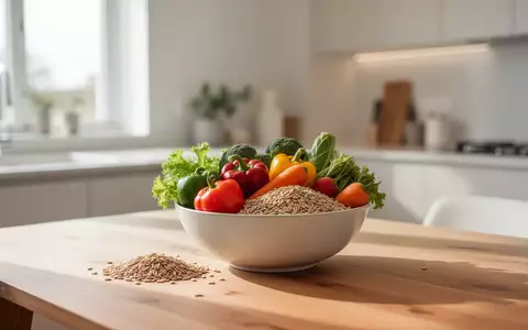 Eine Schüssel mit frischem Gemüse und Vollkornprodukten auf einem Holztisch in einer hellen, modernen Küche. - Foto: über boerse-global.de