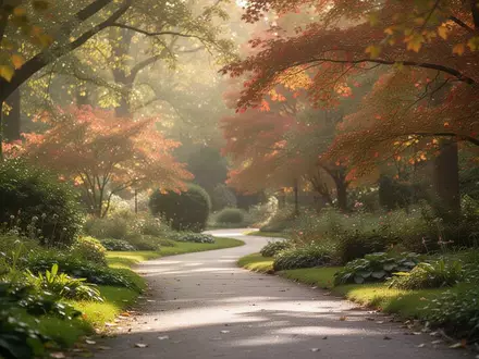 Ein sonniger Parkweg führt durch einen Garten mit herbstlichem Laub und strahlt eine ruhige, gesundheitsfördernde Atmosphäre aus. - Foto: über boerse-global.de