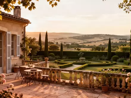 Eine sonnendurchflutete Terrasse eines französischen Anwesens mit Blick auf einen Garten und eine hügelige Landschaft. - Foto: über boerse-global.de