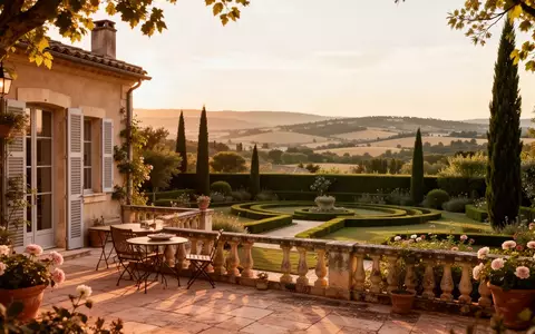 Eine sonnendurchflutete Terrasse eines französischen Anwesens mit Blick auf einen Garten und eine hügelige Landschaft. - Foto: über boerse-global.de