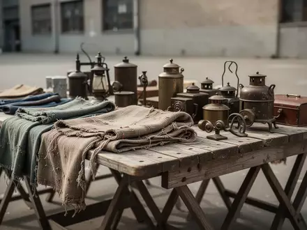 Verschiedene Vintage-Gegenstände und Secondhand-Waren auf Holztischen in einem städtischen Außenbereich. - Foto: über boerse-global.de