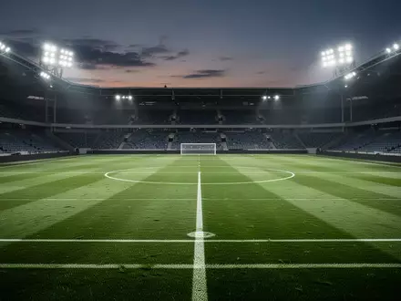 Ein leeres, professionelles Fußballfeld bei Flutlicht am Abend mit Fokus auf den Mittelkreis. - Foto: über boerse-global.de