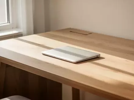 Ein heller, minimalistischer Arbeitsplatz mit einem Holztisch in sanftem Tageslicht. - Foto: über boerse-global.de