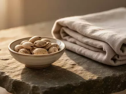 Ein ruhiges Spa-Ambiente mit einer kleinen Schale aus organischen Samen und einem Leinentuch auf einer Steinoberfläche. - Foto: über boerse-global.de