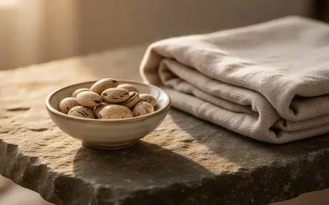 Ein ruhiges Spa-Ambiente mit einer kleinen Schale aus organischen Samen und einem Leinentuch auf einer Steinoberfläche. - Foto: über boerse-global.de