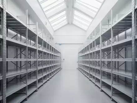 Leere Regale in einem sterilen, hell beleuchteten pharmazeutischen Lagerhaus, die die angespannte Versorgungslage symbolisieren. - Foto: über boerse-global.de