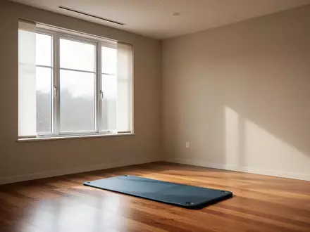 Ein minimalistischer Therapieraum mit hellem Tageslicht und einer leeren Gymnastikmatte auf einem Holzboden. - Foto: über boerse-global.de