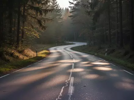 Eine leere, kurvige Landstraße in einem Waldgebiet bei spätem Nachmittagslicht. - Foto: über boerse-global.de