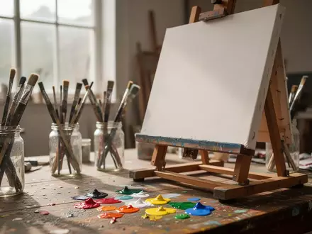 Ein sonnendurchflutetes Atelier mit einer leeren Leinwand auf einer Staffelei, Farbtöpfen und Pinseln auf einem Holztisch. - Foto: über boerse-global.de