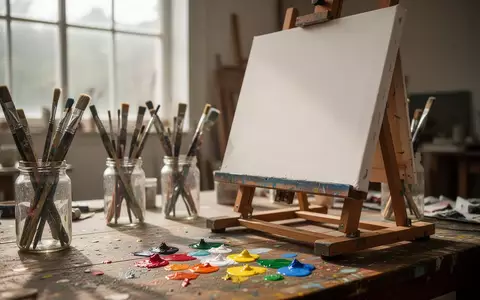 Ein sonnendurchflutetes Atelier mit einer leeren Leinwand auf einer Staffelei, Farbtöpfen und Pinseln auf einem Holztisch. - Foto: über boerse-global.de