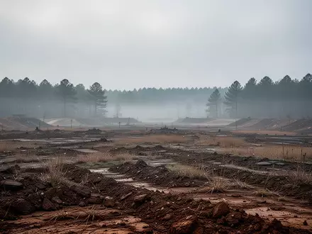 Weites, unebenes Übungsgelände in Quantico unter einem bedeckten Himmel bei morgendlichem Nebel. - Foto: über boerse-global.de