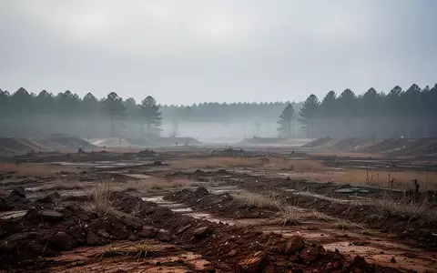 Weites, unebenes Übungsgelände in Quantico unter einem bedeckten Himmel bei morgendlichem Nebel. - Foto: über boerse-global.de