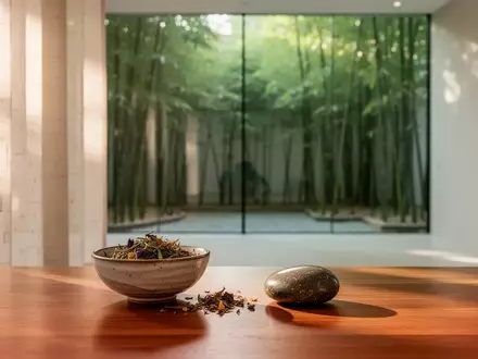 Ein minimalistischer Wellness-Raum mit natürlichen Materialien und Blick in einen ruhigen Bambusgarten. - Foto: über boerse-global.de
