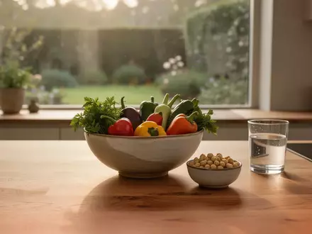 Ein minimalistischer Holztisch mit frischem Gemüse, Kichererbsen und einem Glas Wasser in sanftem Tageslicht. - Foto: über boerse-global.de