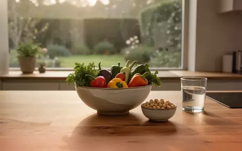 Ein minimalistischer Holztisch mit frischem Gemüse, Kichererbsen und einem Glas Wasser in sanftem Tageslicht. - Foto: über boerse-global.de