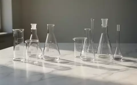 Laborausstattung mit Glasgefäßen auf einer weißen Oberfläche in einer hellen, minimalistischen Umgebung. - Foto: über boerse-global.de