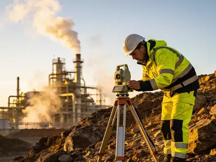 Ein Geologe nutzt ein Gravimeter-Messgerät auf einem industriellen Gelände einer Geothermieanlage bei Sonnenuntergang. - Foto: über boerse-global.de