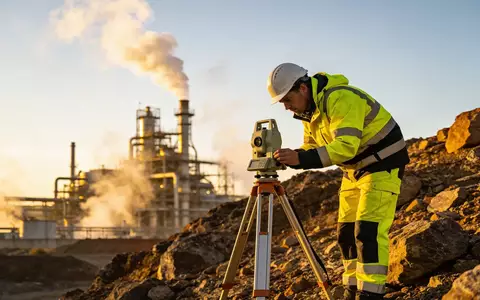 Ein Geologe nutzt ein Gravimeter-Messgerät auf einem industriellen Gelände einer Geothermieanlage bei Sonnenuntergang. - Foto: über boerse-global.de