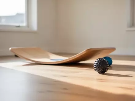 Heller, minimalistischer Trainingsraum mit einem Balance-Board aus Holz auf einem Parkettboden. - Foto: über boerse-global.de
