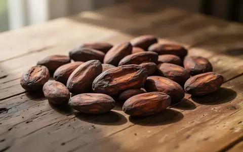 Nahaufnahme von rohen Kakaobohnen auf einem rustikalen Holztisch bei natürlichem Sonnenlicht. - Foto: über boerse-global.de