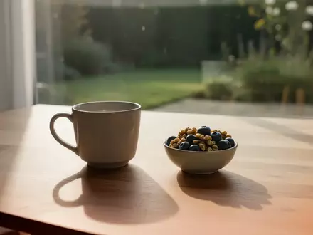 Ein minimalistischer Holztisch mit einer leeren Keramiktasse und einer Schale mit Nüssen und Beeren im morgendlichen Sonnenlicht. - Foto: über boerse-global.de