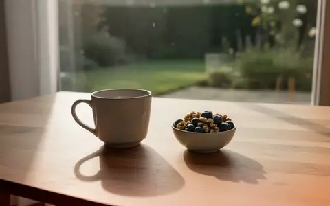 Ein minimalistischer Holztisch mit einer leeren Keramiktasse und einer Schale mit Nüssen und Beeren im morgendlichen Sonnenlicht. - Foto: über boerse-global.de
